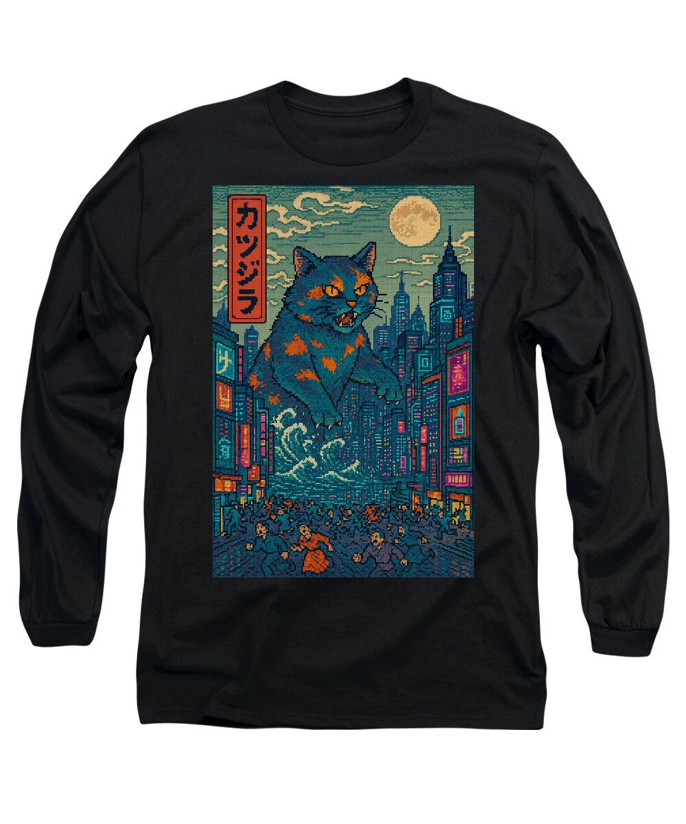 Black long-sleeve T-shirt with square cat monster city graphic