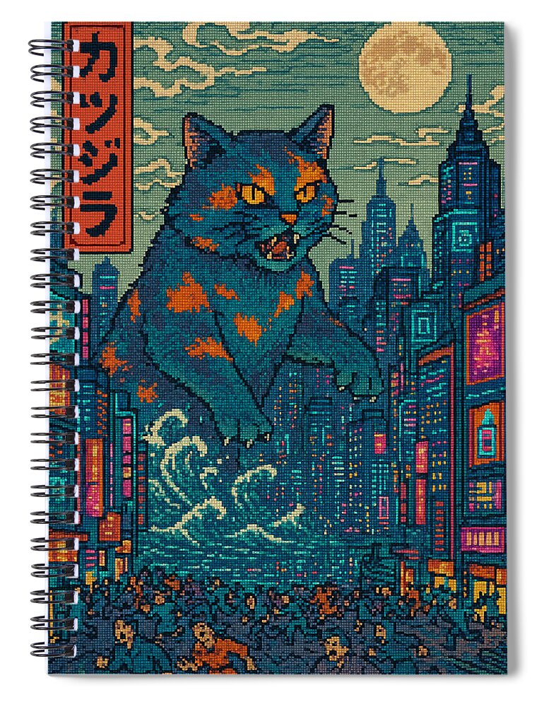 Spiral notebook with blue-orange cat monster and neon cityscape cover art