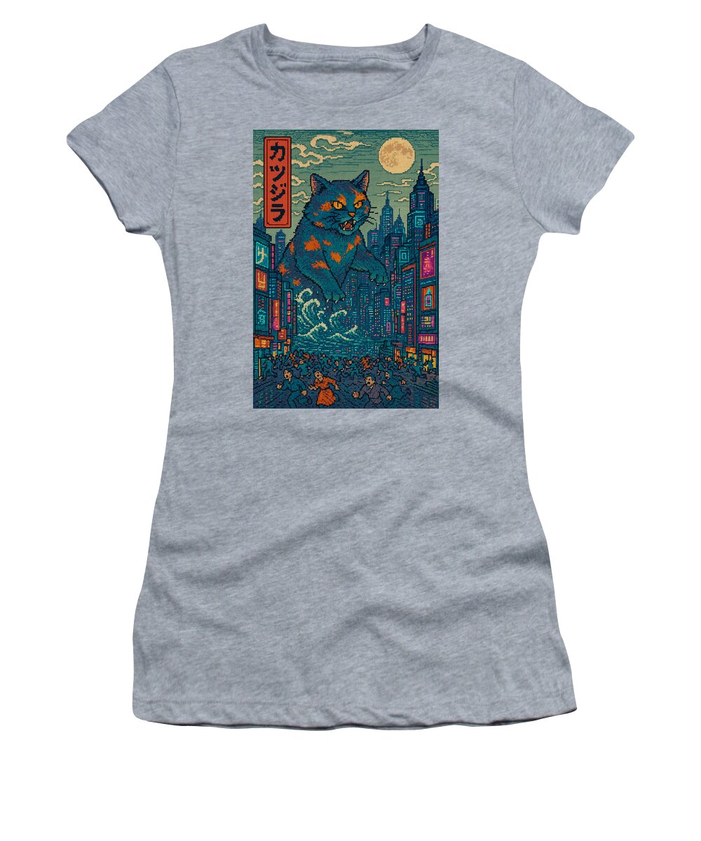 Women’s heather gray t-shirt with colorful cat-monster graphic print on front