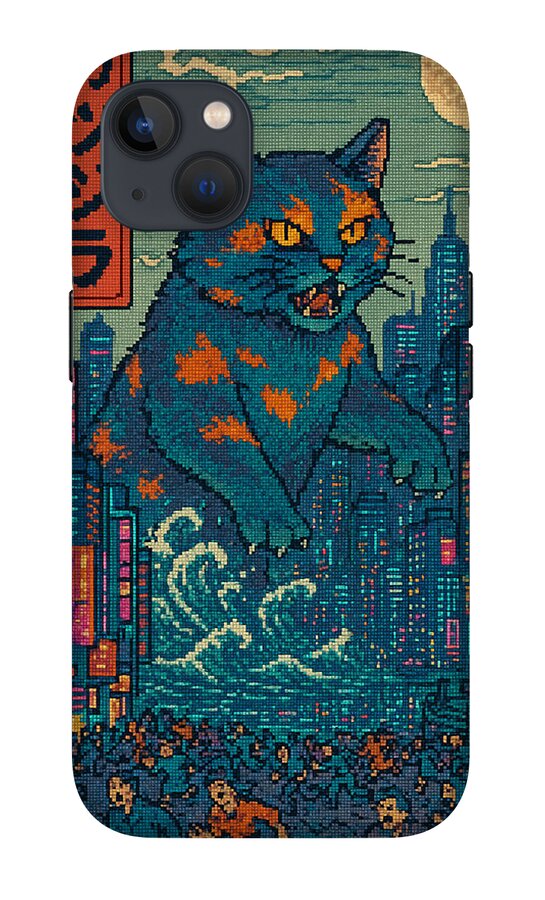 Phone case with blue orange pixel cat monster in a teal city at night, camera lens cutouts