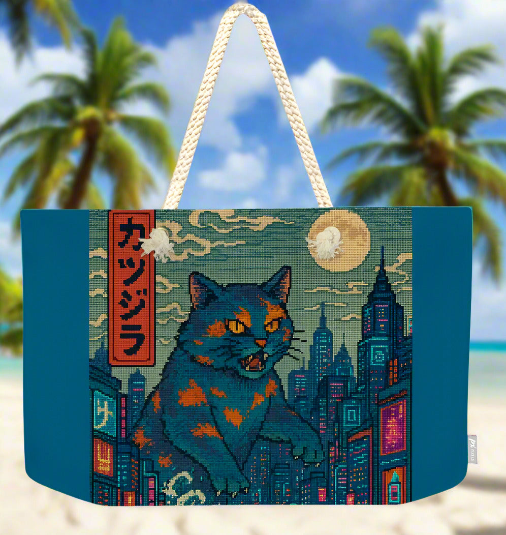 Weekender tote bag with dark teal cat graphic, red Japanese banner, white rope handles