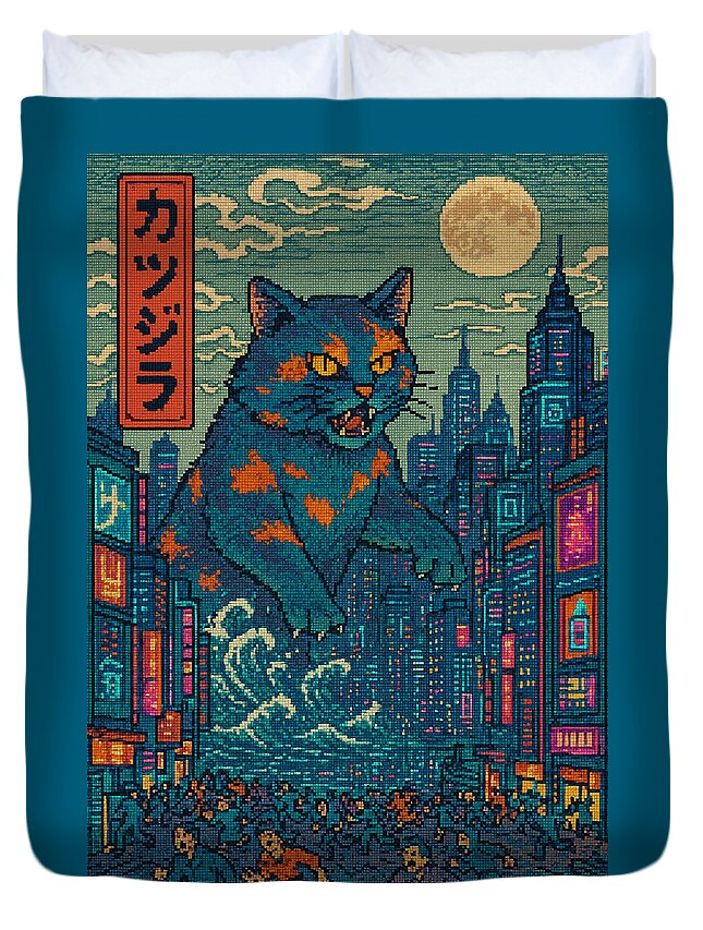 Cat monster duvet cover featuring blue cat, orange patches, and colorful city buildings