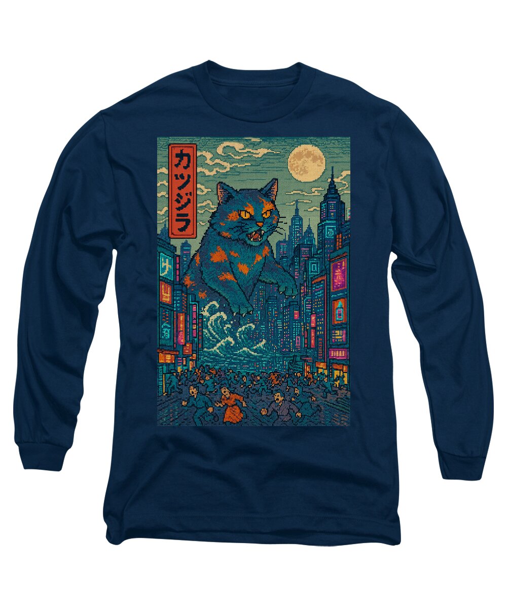 Navy long-sleeve T-shirt with square cat monster city graphic