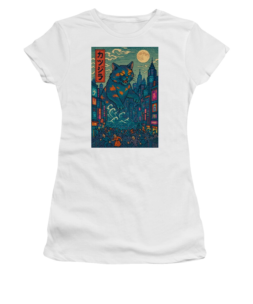 Women’s white t-shirt with colorful cat-monster graphic print on front
