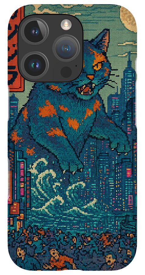 Phone case with pixel-art blue cat monster and city skyline, triple camera cutout