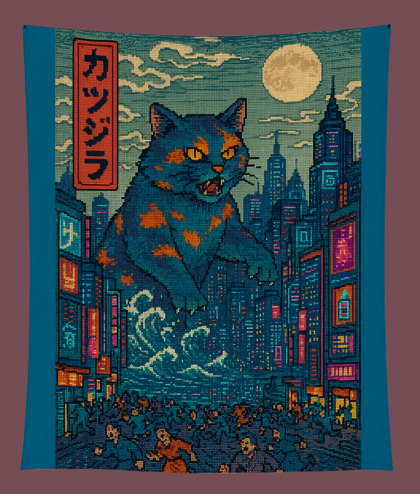 Decorative tapestry featuring monster cat, city skyline, and large moon on blue border