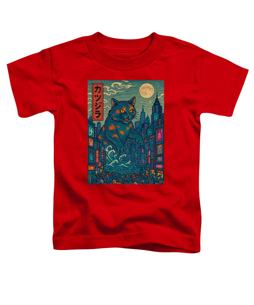 Red toddler T-shirt with square graphic of a cat monster in a city at night