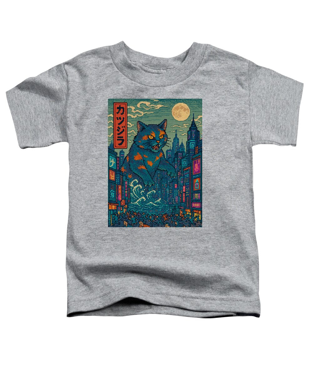 Heather gray toddler T-shirt with square graphic of a cat monster in a city at night