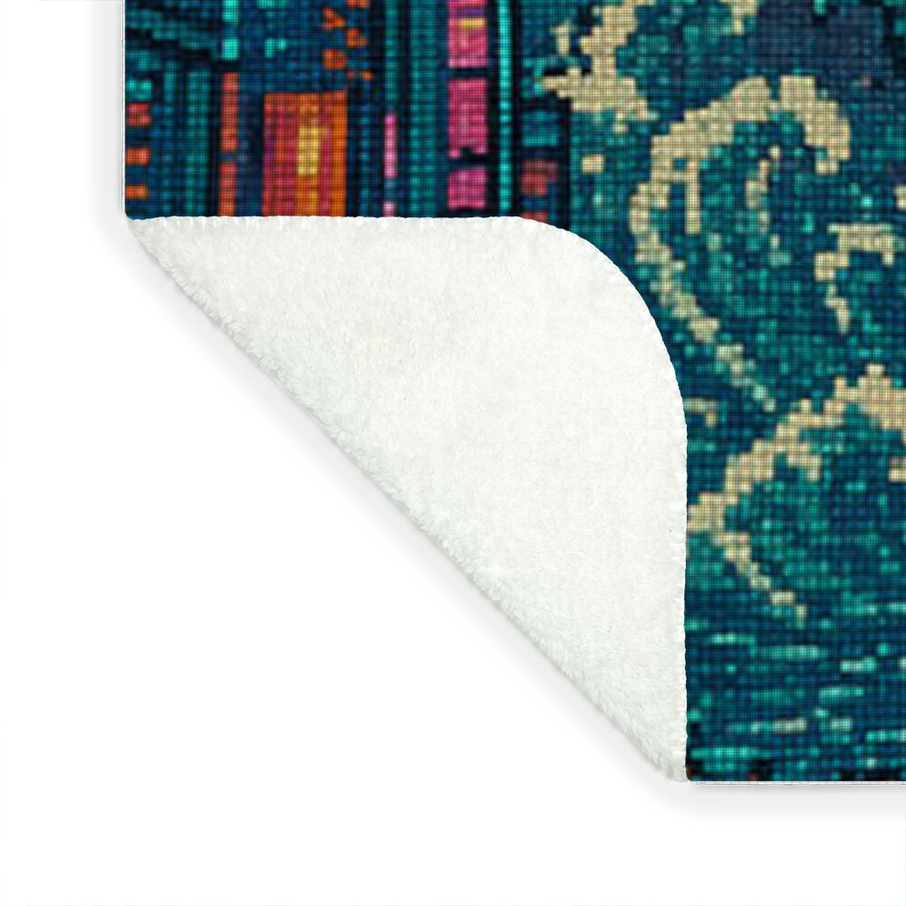 Cat monster throw blanket corner with white sherpa backing and blue city pixel print