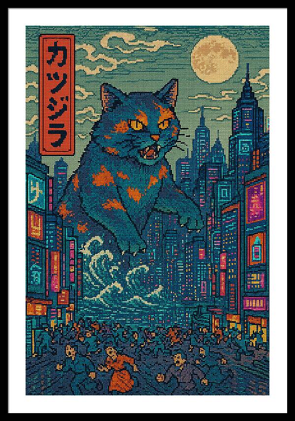 Framed cat city night art print with blue cat and orange highlights against the skyline.