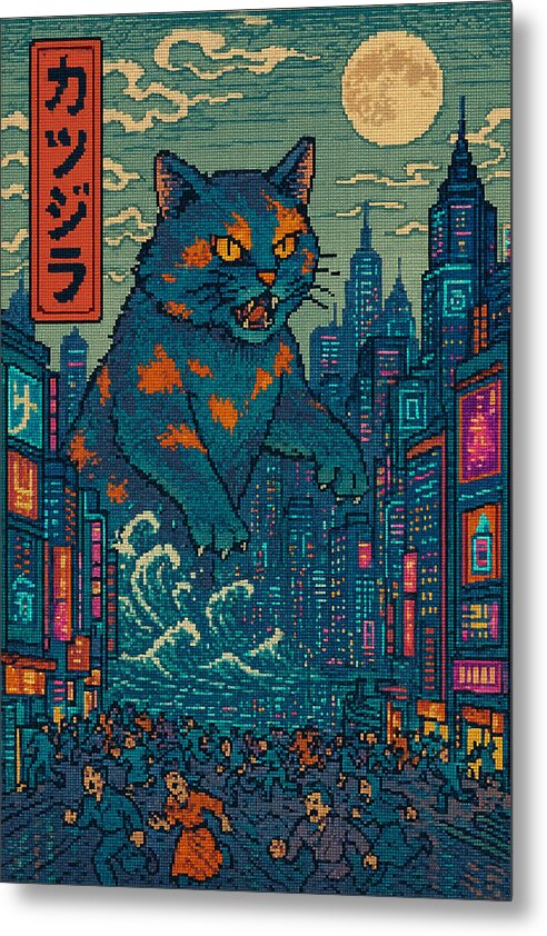 Close-up metal print of snarling blue cat with orange eyes above crowd street