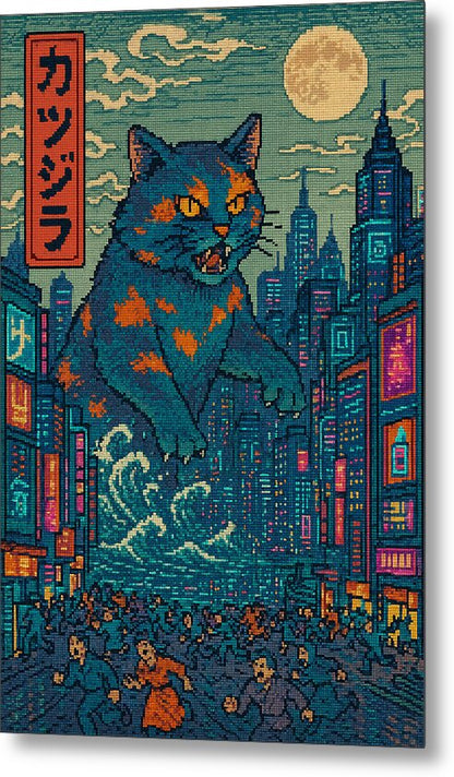 Close-up metal print of snarling blue cat with orange eyes above crowd street