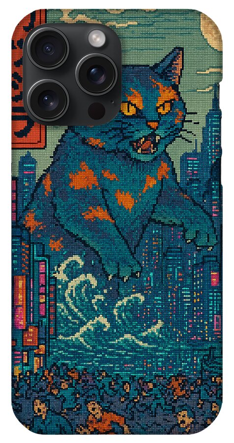 Phone case with blue cat monster pixel art and city skyline, black camera cutouts, orange accents