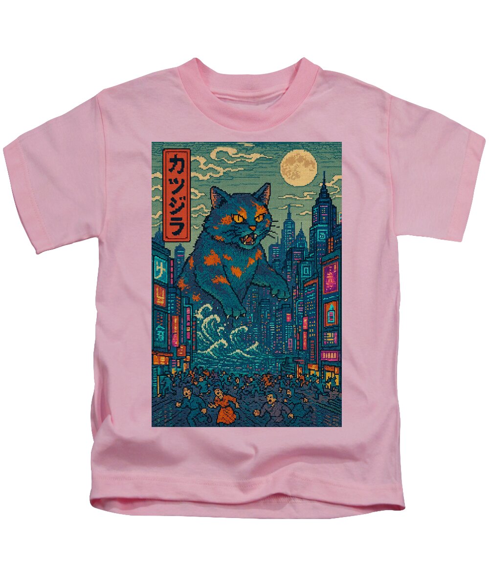 Kids T-shirt, light pink with square cat monster graphic over teal city night scene
