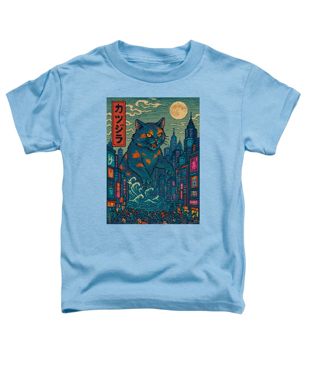 Light blue toddler T-shirt with square graphic of a cat monster in a city at night