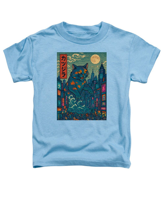 Light blue toddler T-shirt with square graphic of a cat monster in a city at night