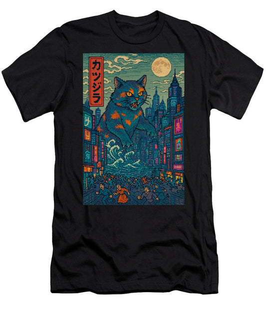 Black T-shirt with square cat-monster city graphic on front