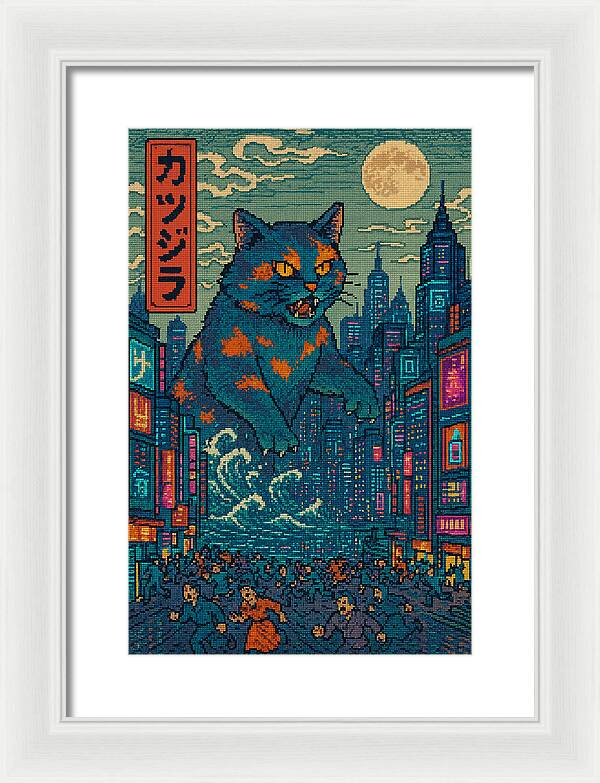 Framed monster cat art print with blue feline, night city skyline, white frame and light mat.