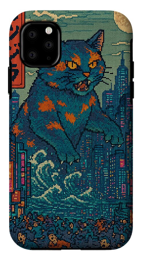 Phone case with pixel art cat monster and streetlight-like buildings, curved edges