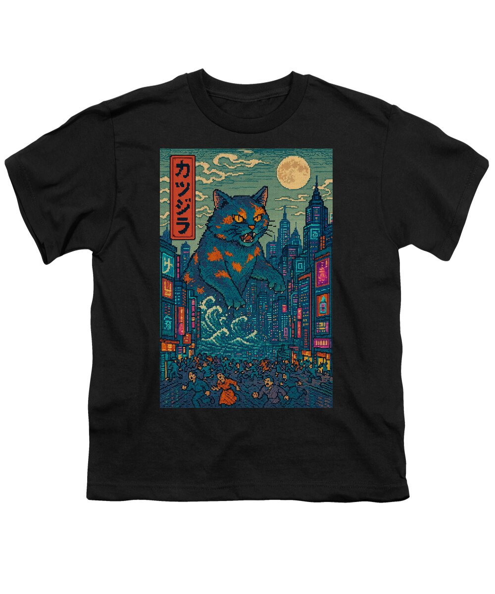 Youth T-shirt in black with cat monster city graphic print on front