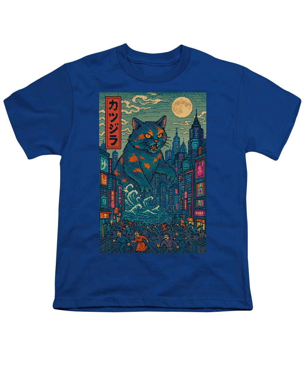 Youth graphic T-shirt, royal blue with cat monster city artwork panel