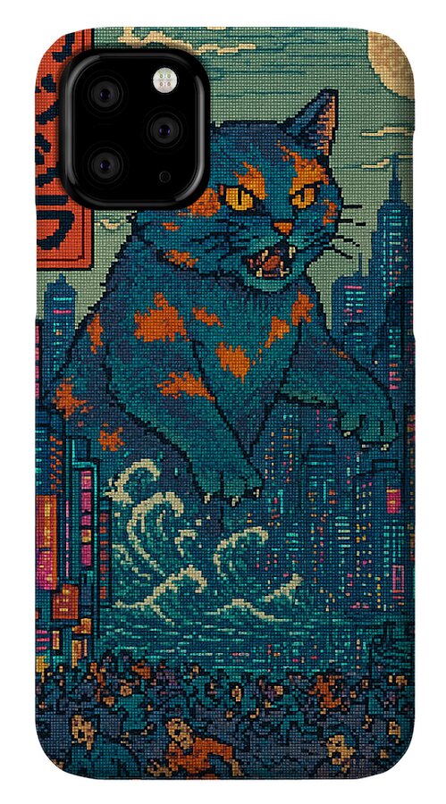 Phone case with blue-orange cat monster face, pixel art buildings and clouds