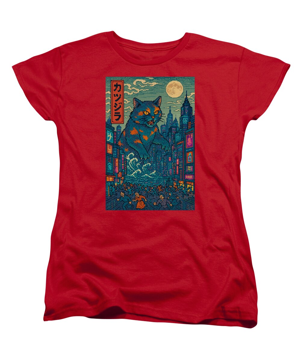 Women's graphic cat monster T-shirt, crew neck, short sleeves, red with city print