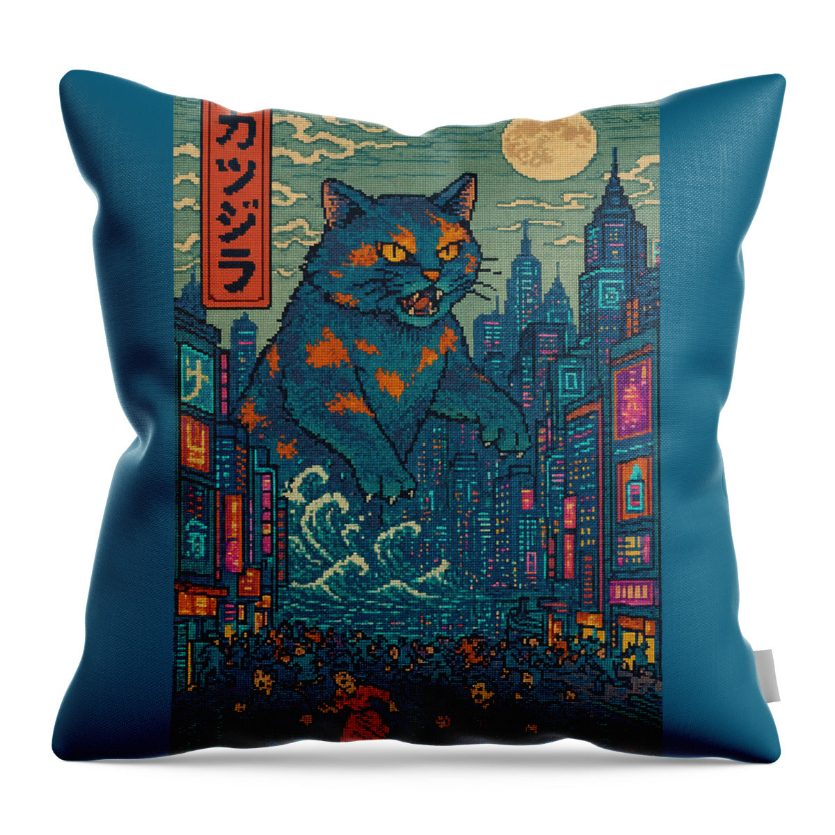 Teal square throw pillow with illustrated monster cat and neon city skyline graphic