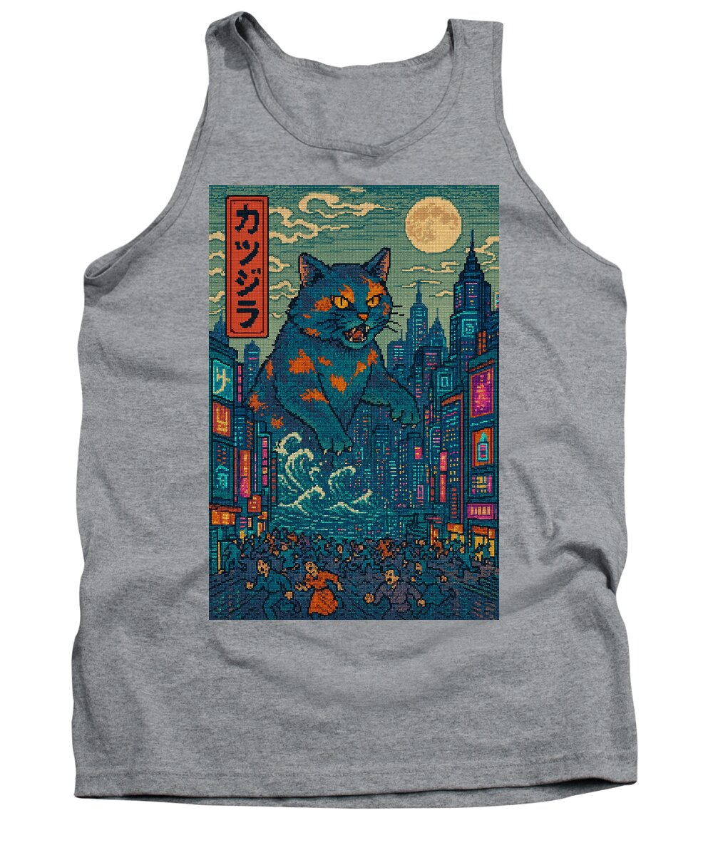 Gray monster cat tank top with square city night graphic on front