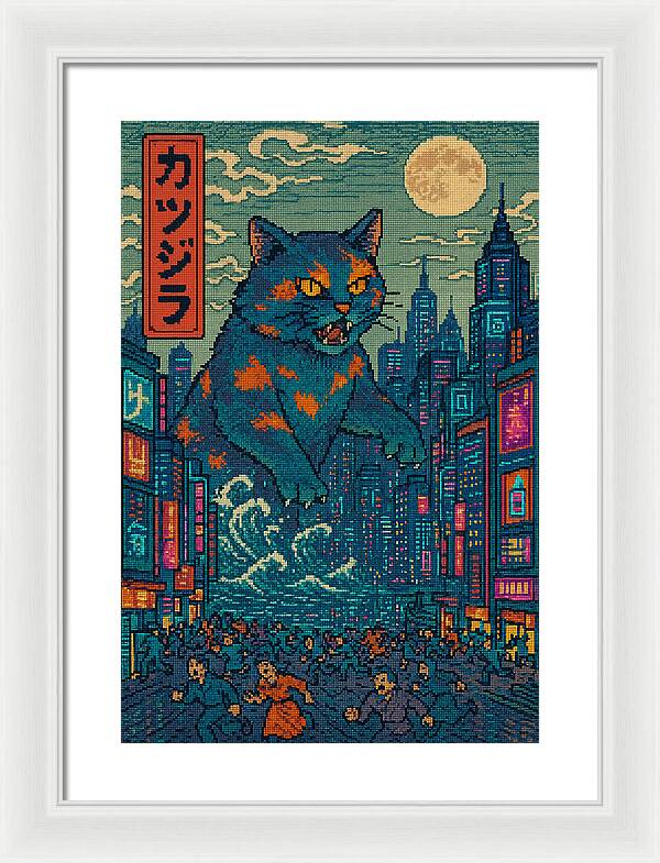 Framed monster cat art print with blue feline, night city skyline, white frame and white mat.