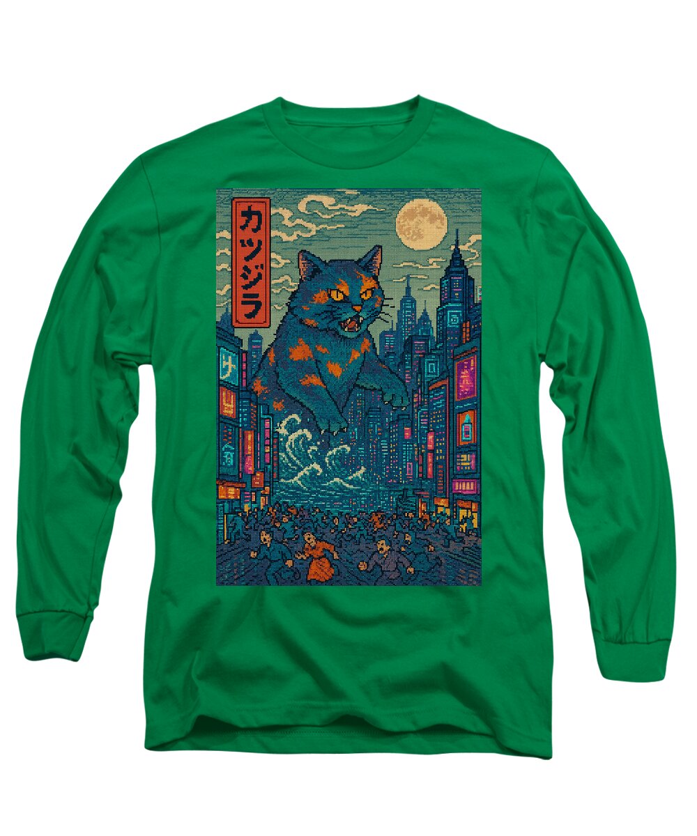 Kelly green long-sleeve T-shirt with square cat monster city graphic