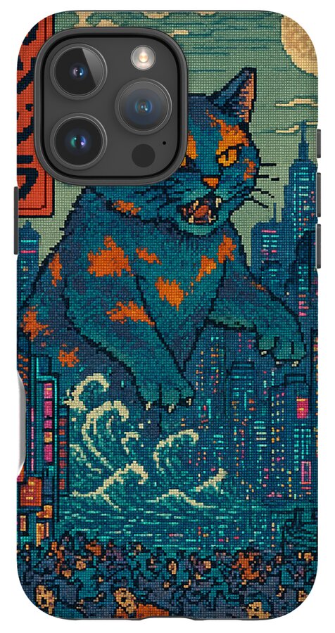 Phone case with blue cat monster face and city skyline pixel art, black camera cutouts