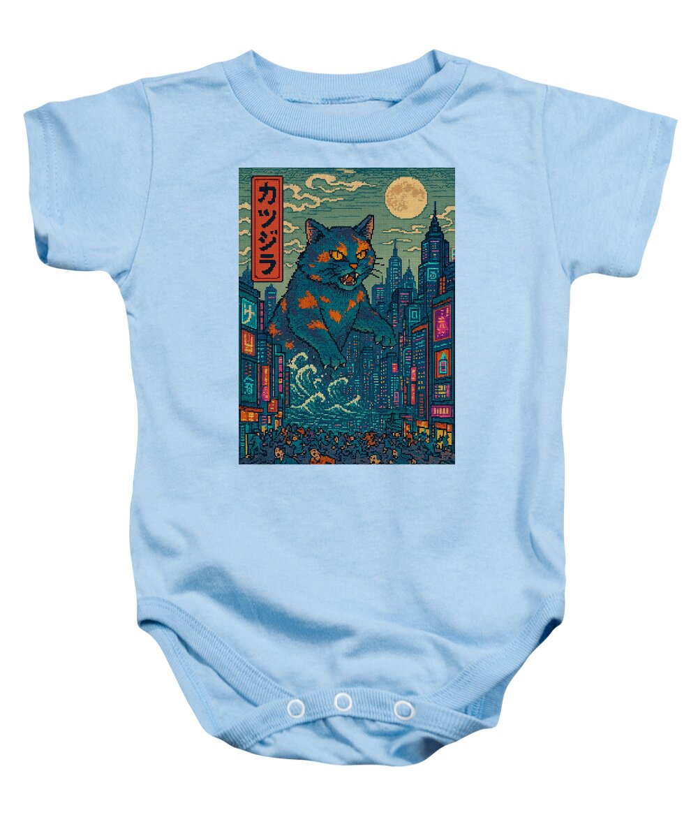 Light blue baby onesie with short sleeves and front graphic of a cat among tall buildings