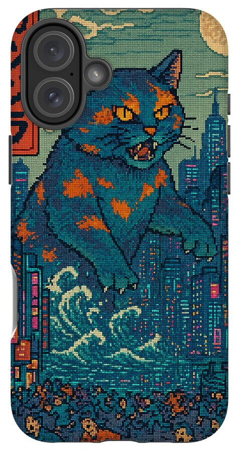 Phone case featuring pixel-art blue cat monster and city skyline, dual camera cutout