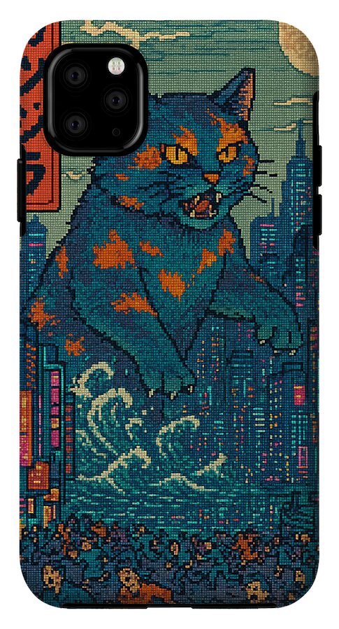 Phone case with blue-orange cat monster portrait, pixel city skyline and stars