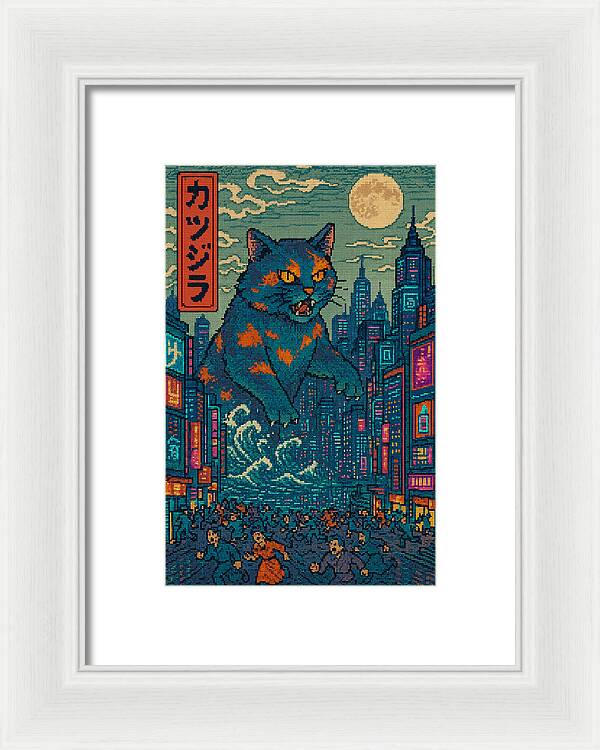 Framed wall print with blue cat monster over a neon city; white frame, white mat.