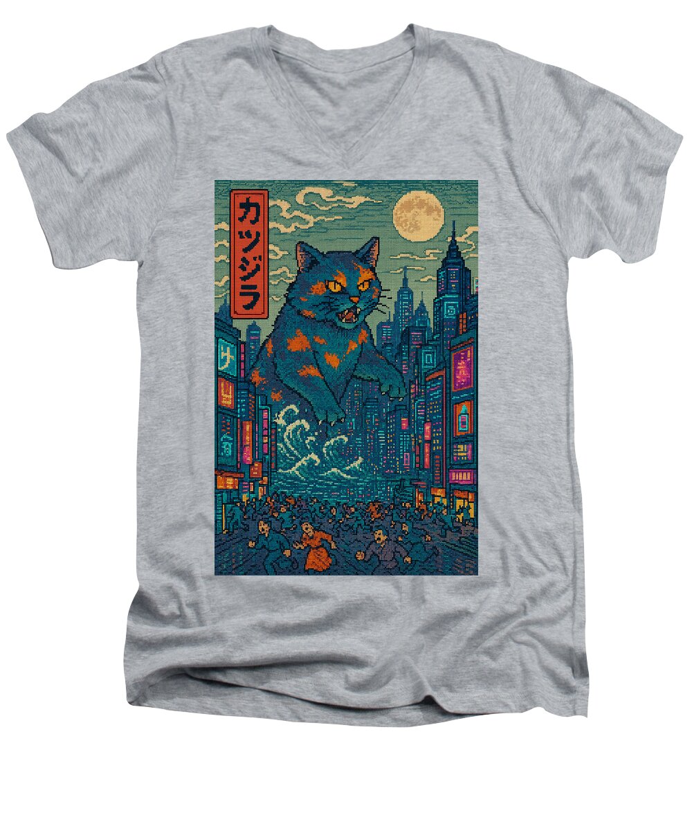 Men's V-neck T-shirt, heather gray, cat monster city graphic on front.