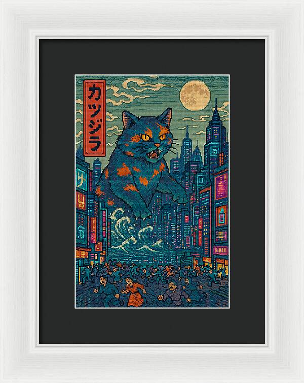 Framed wall print with blue cat monster over neon city; dark mat, white frame.