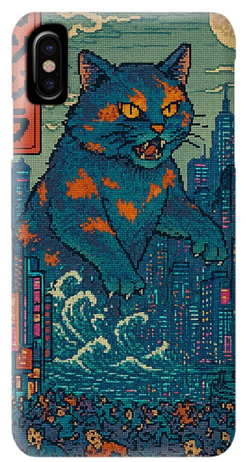Phone case with orange cat monster and teal pixel art city, front camera cutout