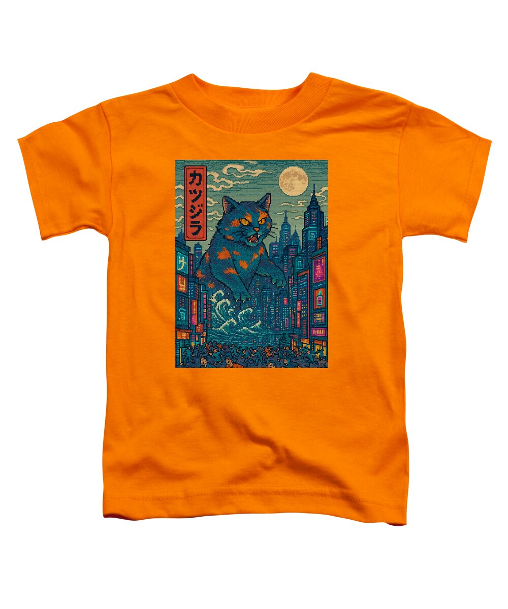 Orange toddler T-shirt with square graphic of a cat monster in a city at night