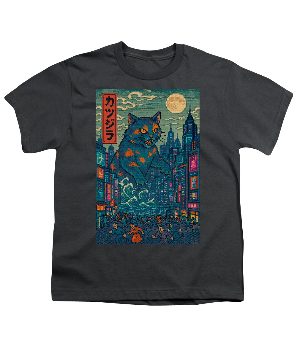 Youth T-shirt in dark gray with cat monster city graphic print on front