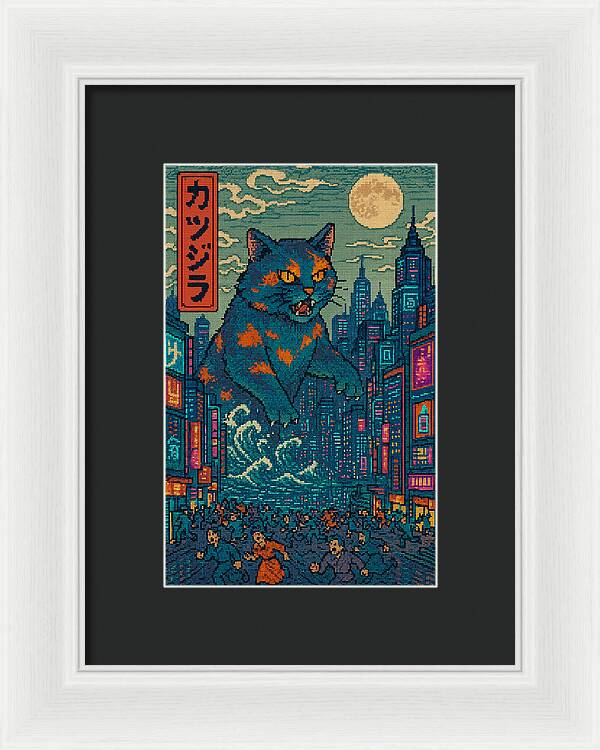 Framed wall print with blue cat monster in neon city; dark mat, white frame.
