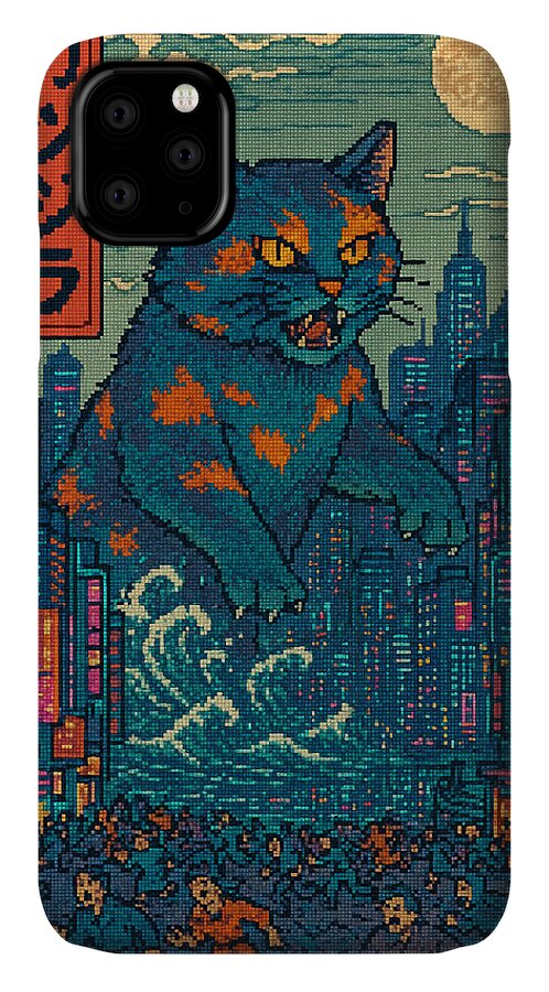 Phone case with orange cat monster and teal-blue pixel city, camera module visible