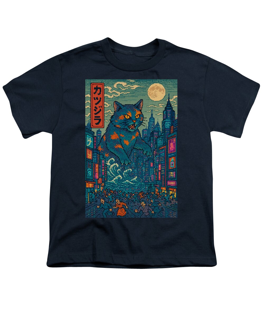 Youth graphic T-shirt, dark navy with cat monster city artwork panel