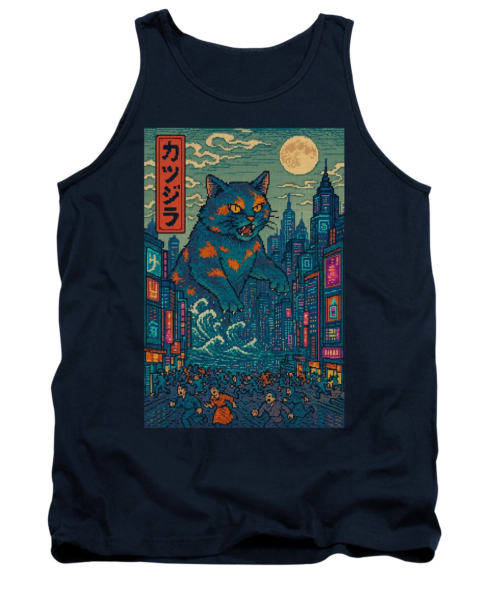 Navy monster cat tank top with square city night graphic on front