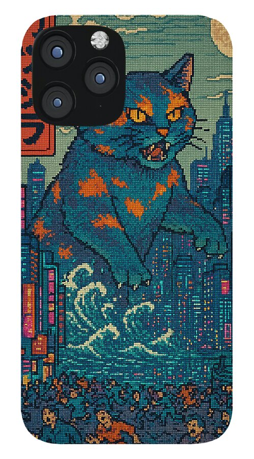 Phone case featuring a blue and orange cat monster, pixel art skyline background