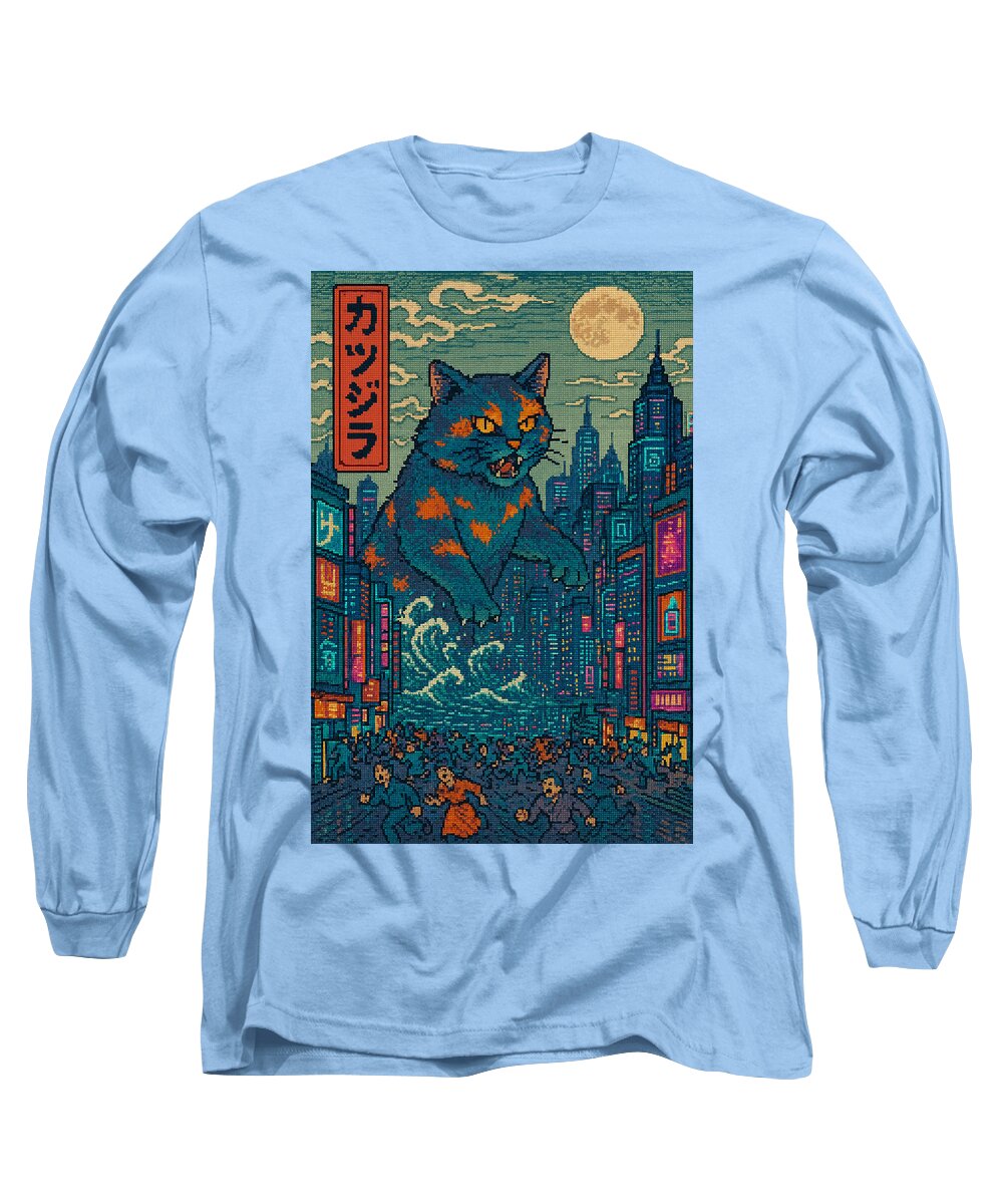 Light blue long-sleeve T-shirt with square cat monster city graphic