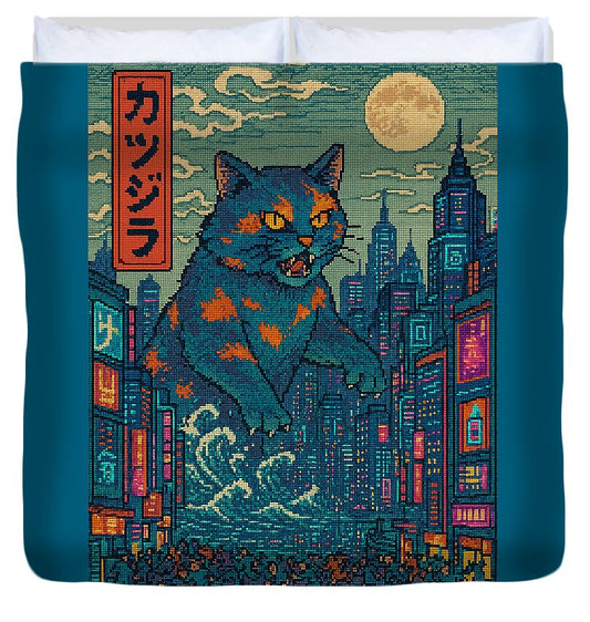 Cat monster duvet cover with blue cat, orange spots, and city skyline under moon
