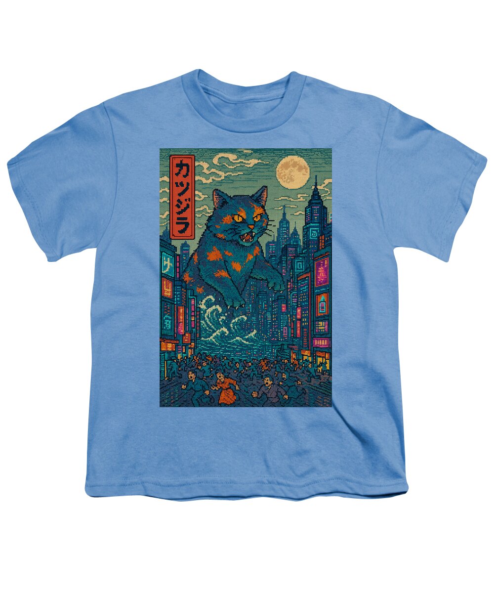 Youth T-shirt in light blue with cat monster city graphic print on front