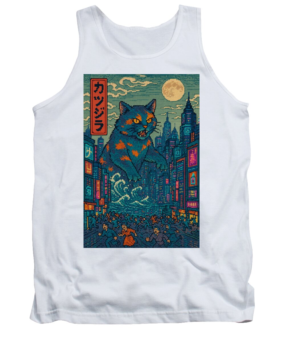 White monster cat tank top with colorful city night graphic on front
